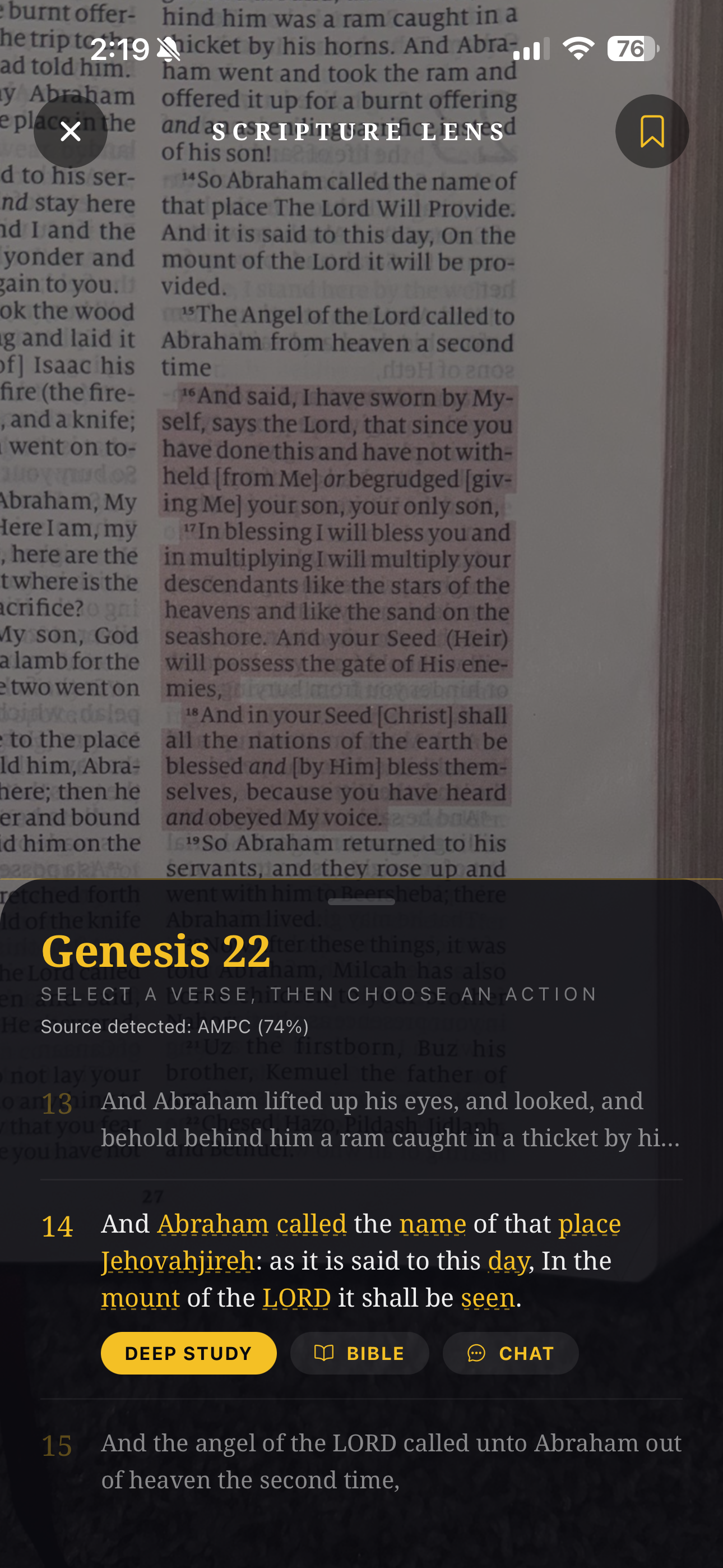 Scripture Lens camera verse detection feature